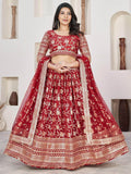Beautiful Red Zari Work Jacquard Reception Wear Lehenga Choli - Zeel Clothing