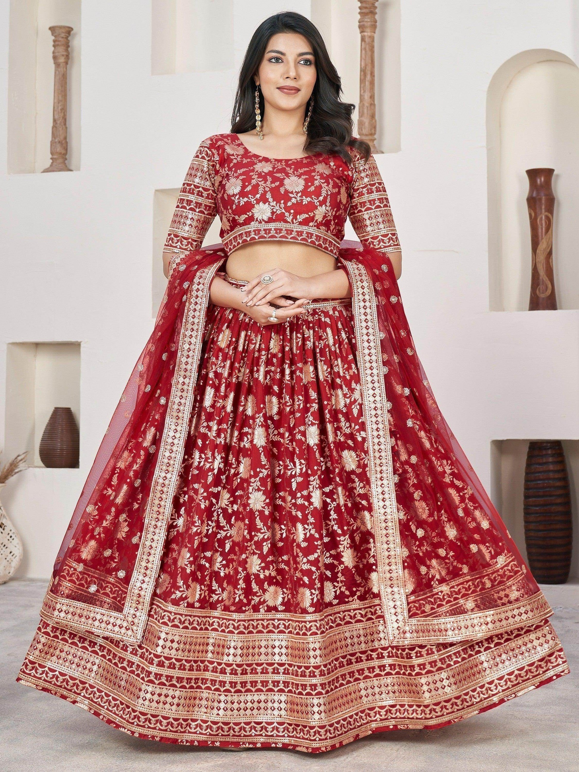 Beautiful Red Zari Work Jacquard Reception Wear Lehenga Choli - Zeel Clothing