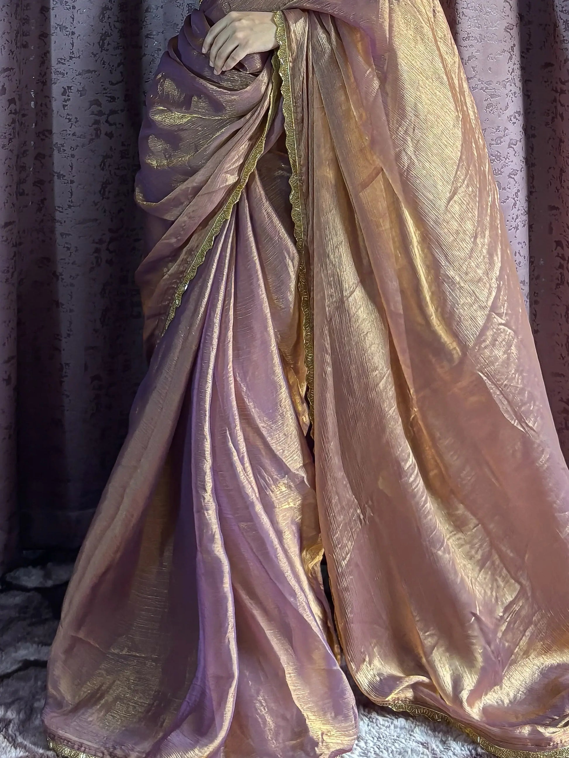 Beautiful Rose Gold Party Wear Beads Work Saree With Blouse - Zeel Clothing