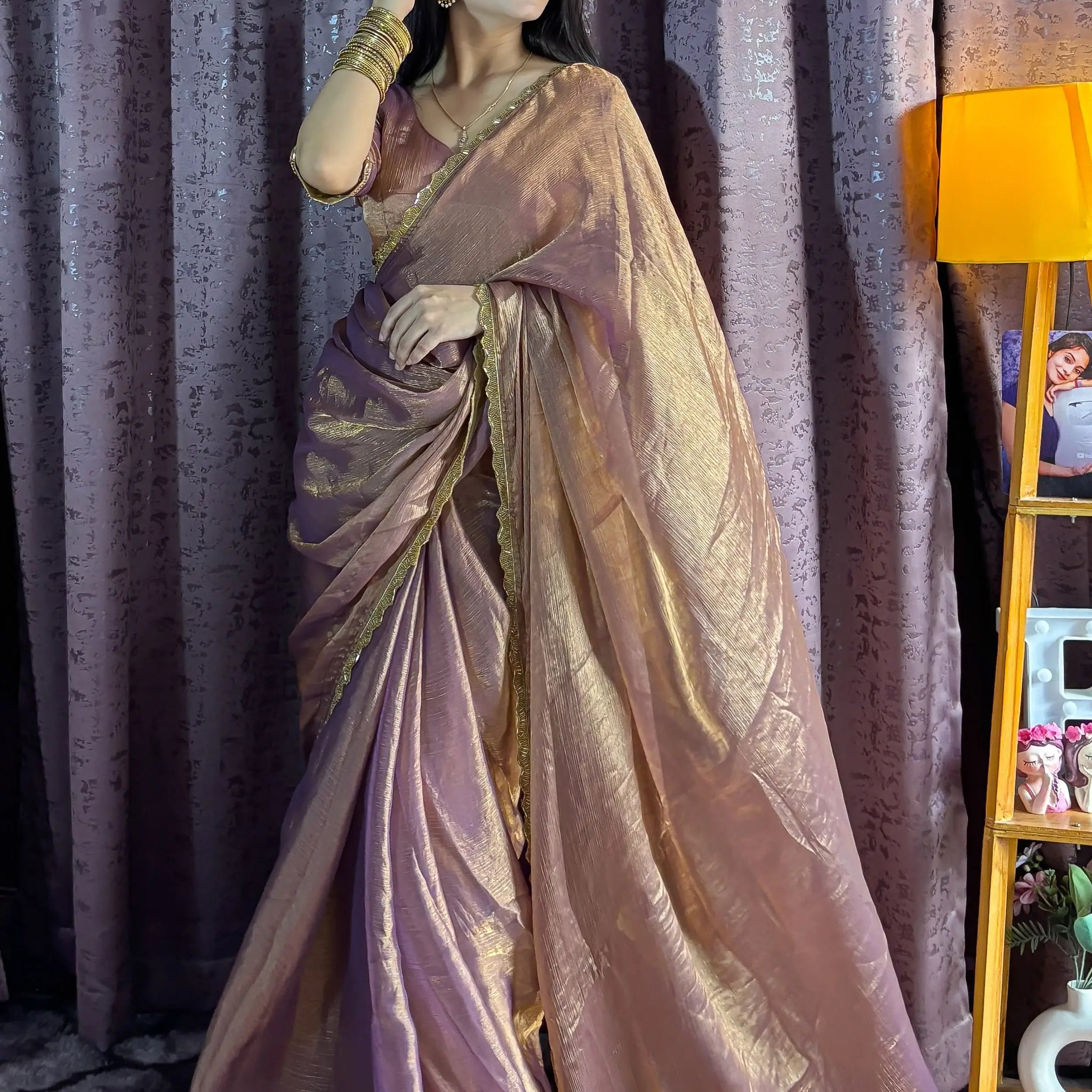 Beautiful Rose Gold Party Wear Beads Work Saree With Blouse - Zeel Clothing