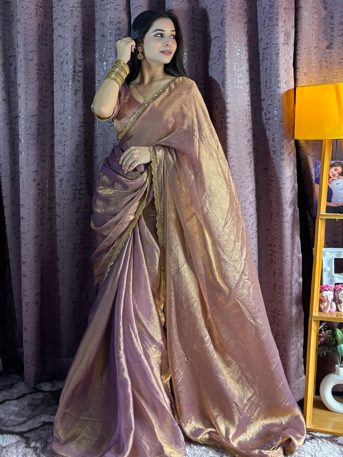 Beautiful Rose Gold Party Wear Beads Work Saree With Blouse - Zeel Clothing