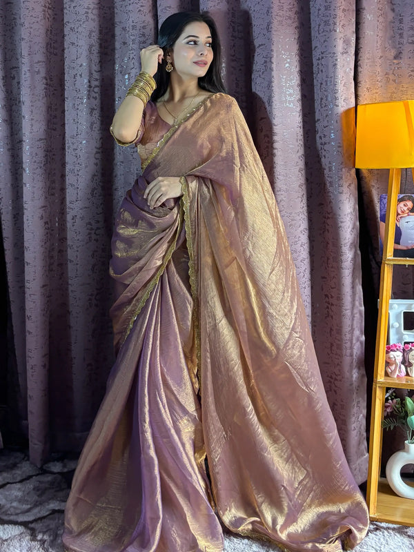 Beautiful Rose Gold Party Wear Beads Work Saree With Blouse - Zeel Clothing