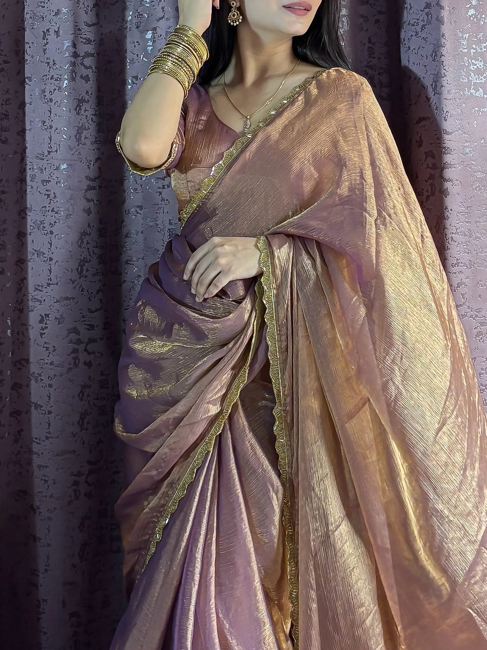 Beautiful Rose Gold Party Wear Beads Work Saree With Blouse - Zeel Clothing