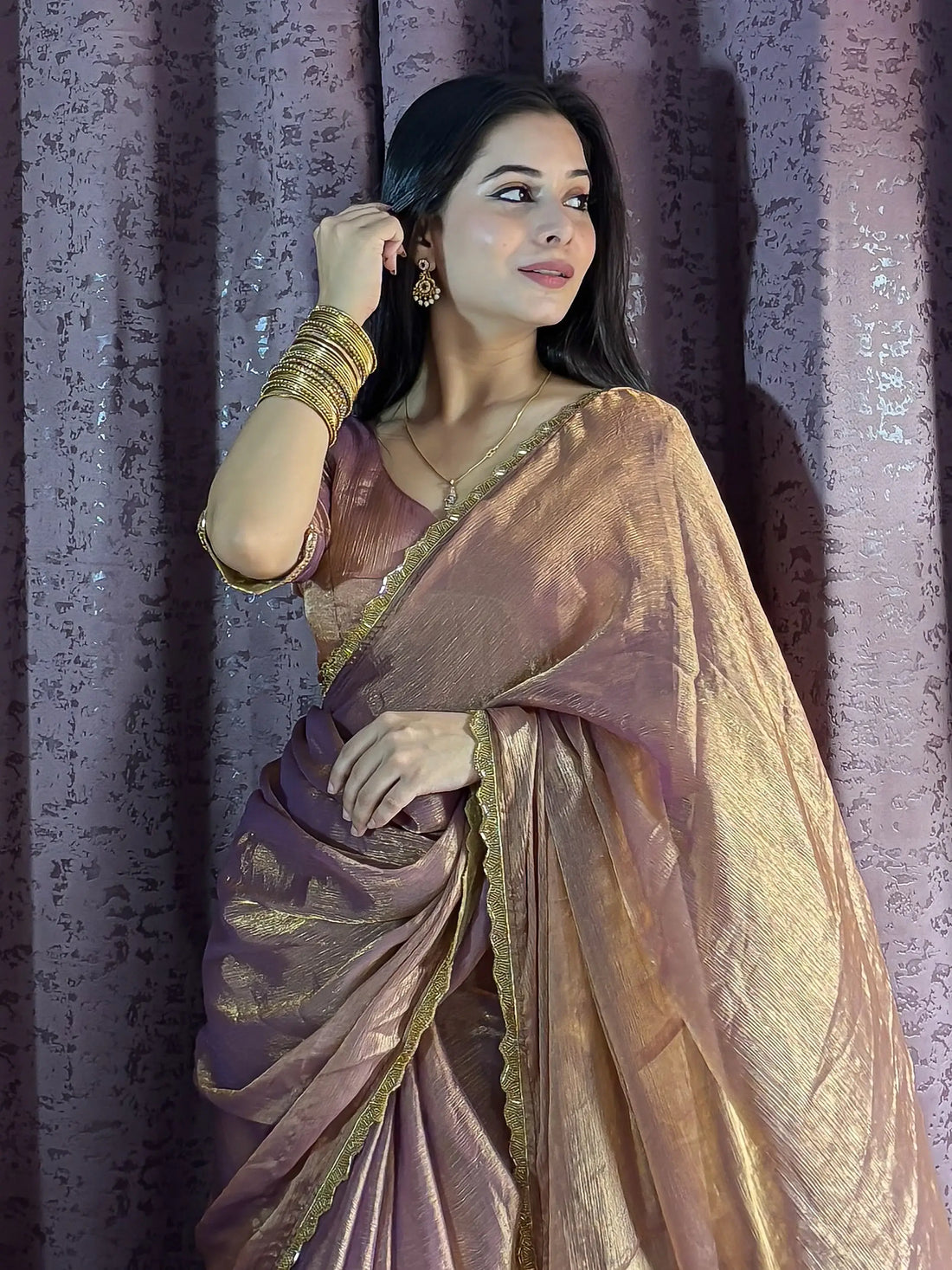 Beautiful Rose Gold Party Wear Beads Work Saree With Blouse - Zeel Clothing