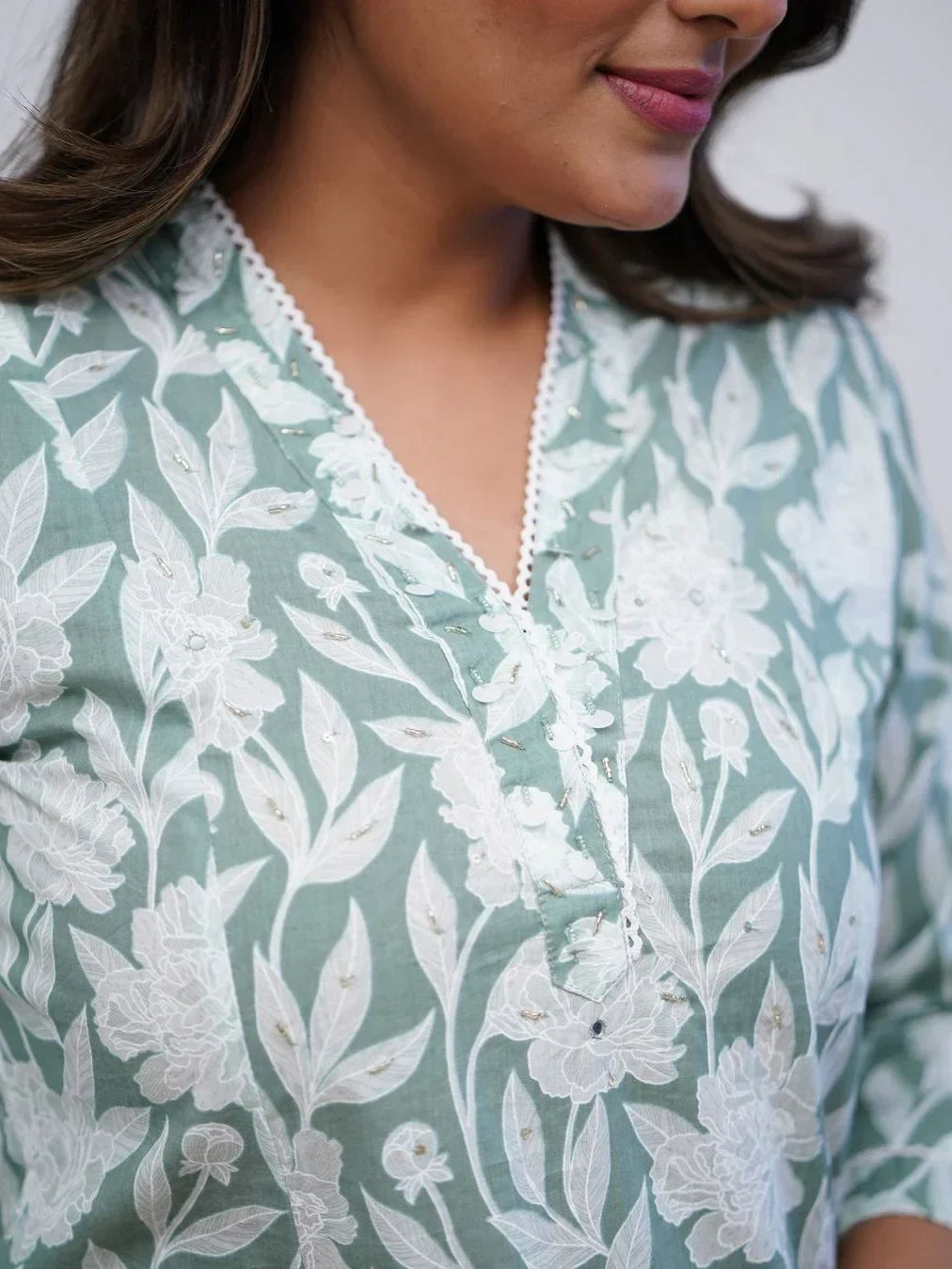 Beautiful Sage Green Printed Cotton Event Wear Pant Suit With Dupatta