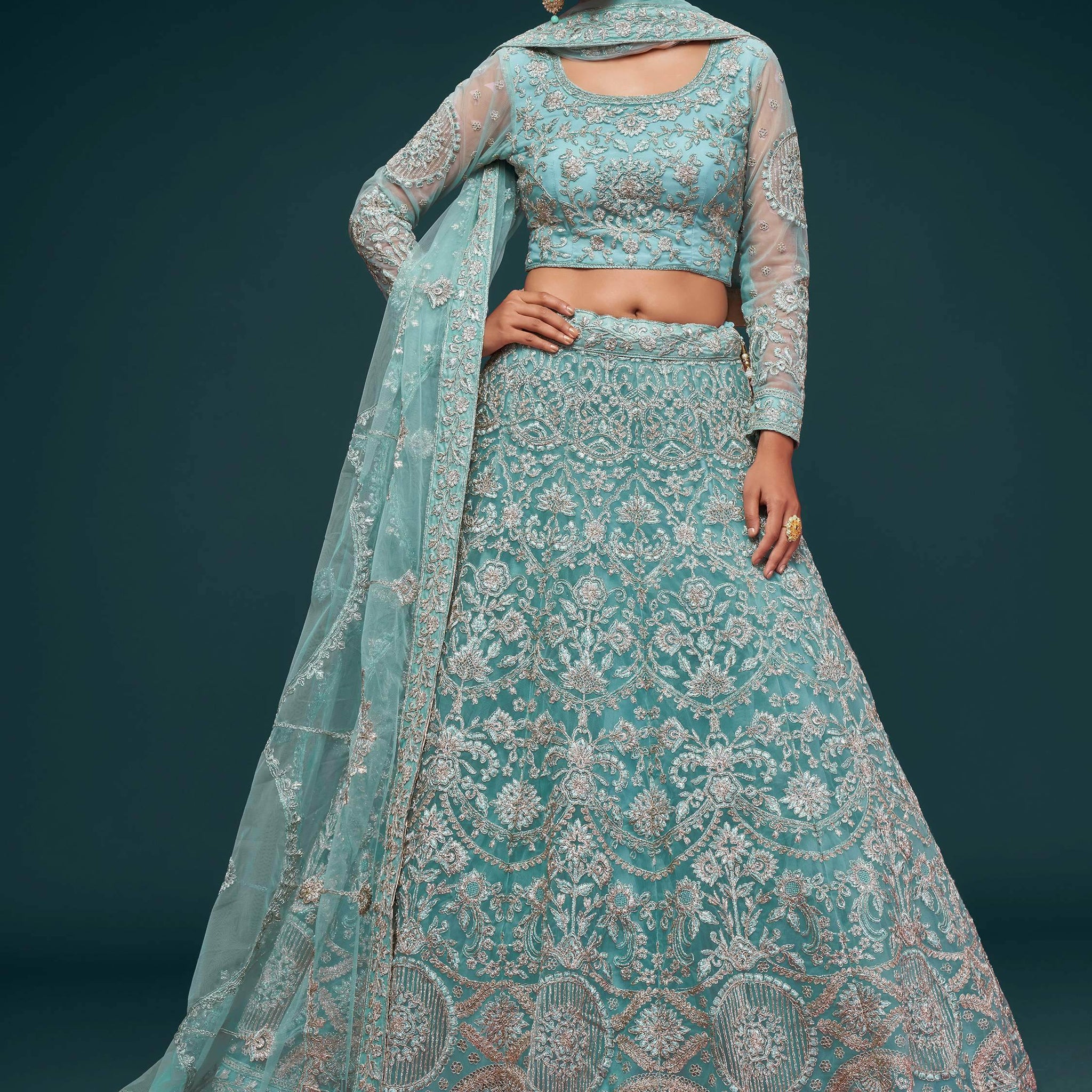 Beautiful Sea Blue Embroidered Soft Net Lehenga Choli With Dupatta - Zeel Clothing