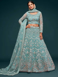 Beautiful Sea Blue Embroidered Soft Net Lehenga Choli With Dupatta - Zeel Clothing