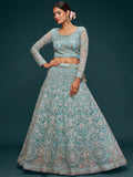 Beautiful Sea Blue Embroidered Soft Net Lehenga Choli With Dupatta - Zeel Clothing