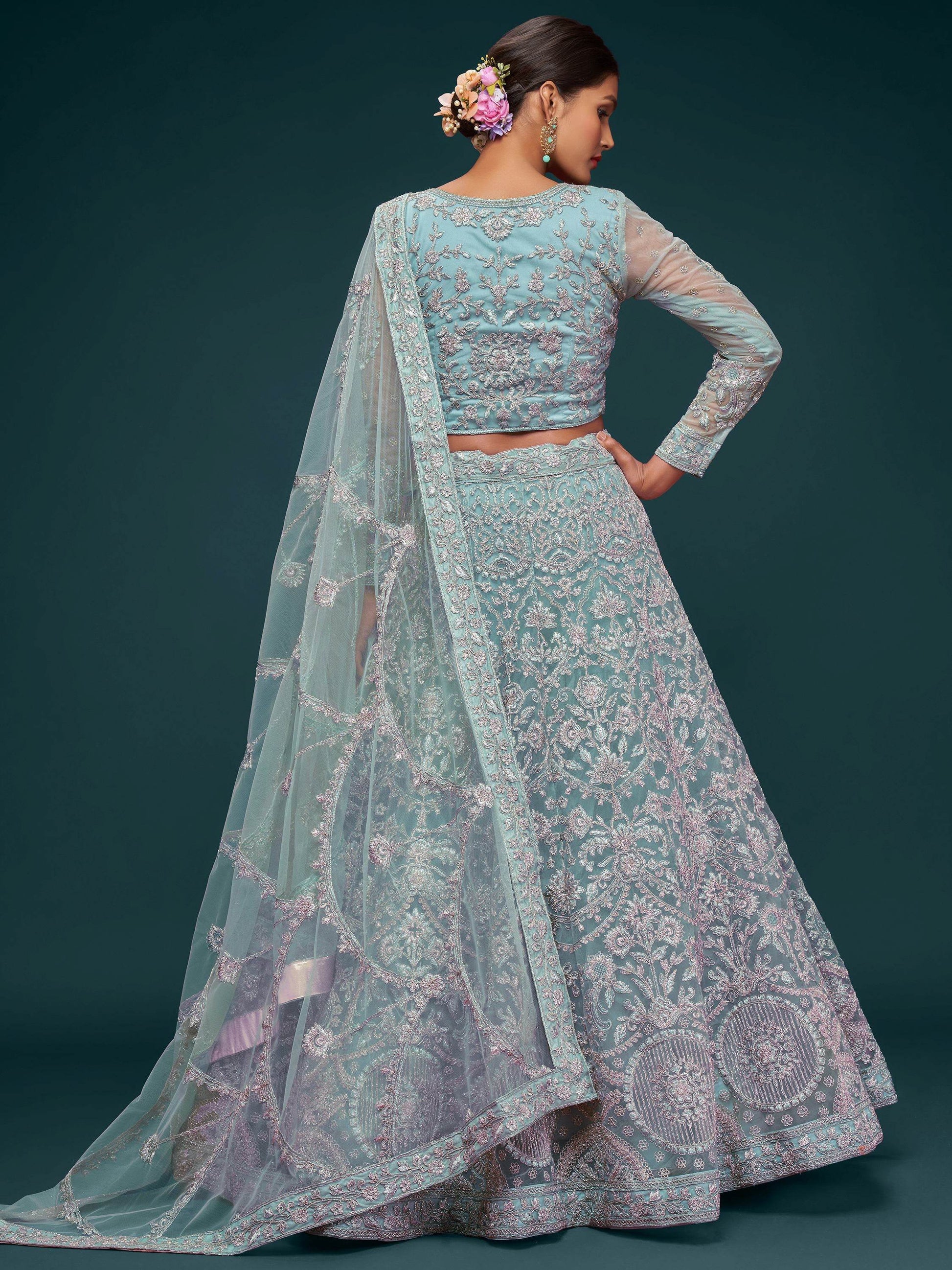 Beautiful Sea Blue Embroidered Soft Net Lehenga Choli With Dupatta - Zeel Clothing
