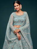 Beautiful Sea Blue Embroidered Soft Net Lehenga Choli With Dupatta - Zeel Clothing