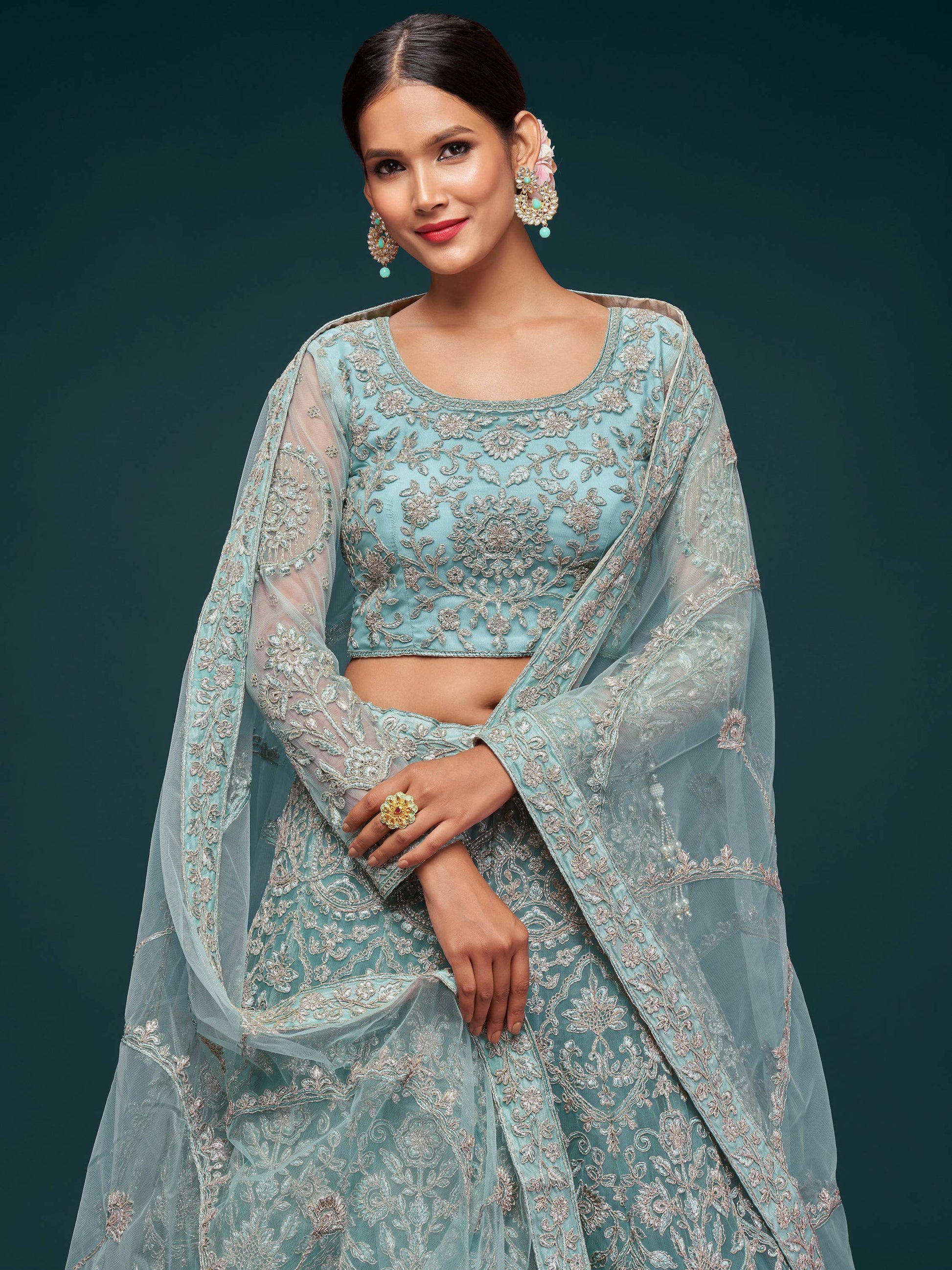 Beautiful Sea Blue Embroidered Soft Net Lehenga Choli With Dupatta - Zeel Clothing