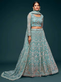 Beautiful Sea Blue Embroidered Soft Net Lehenga Choli With Dupatta - Zeel Clothing