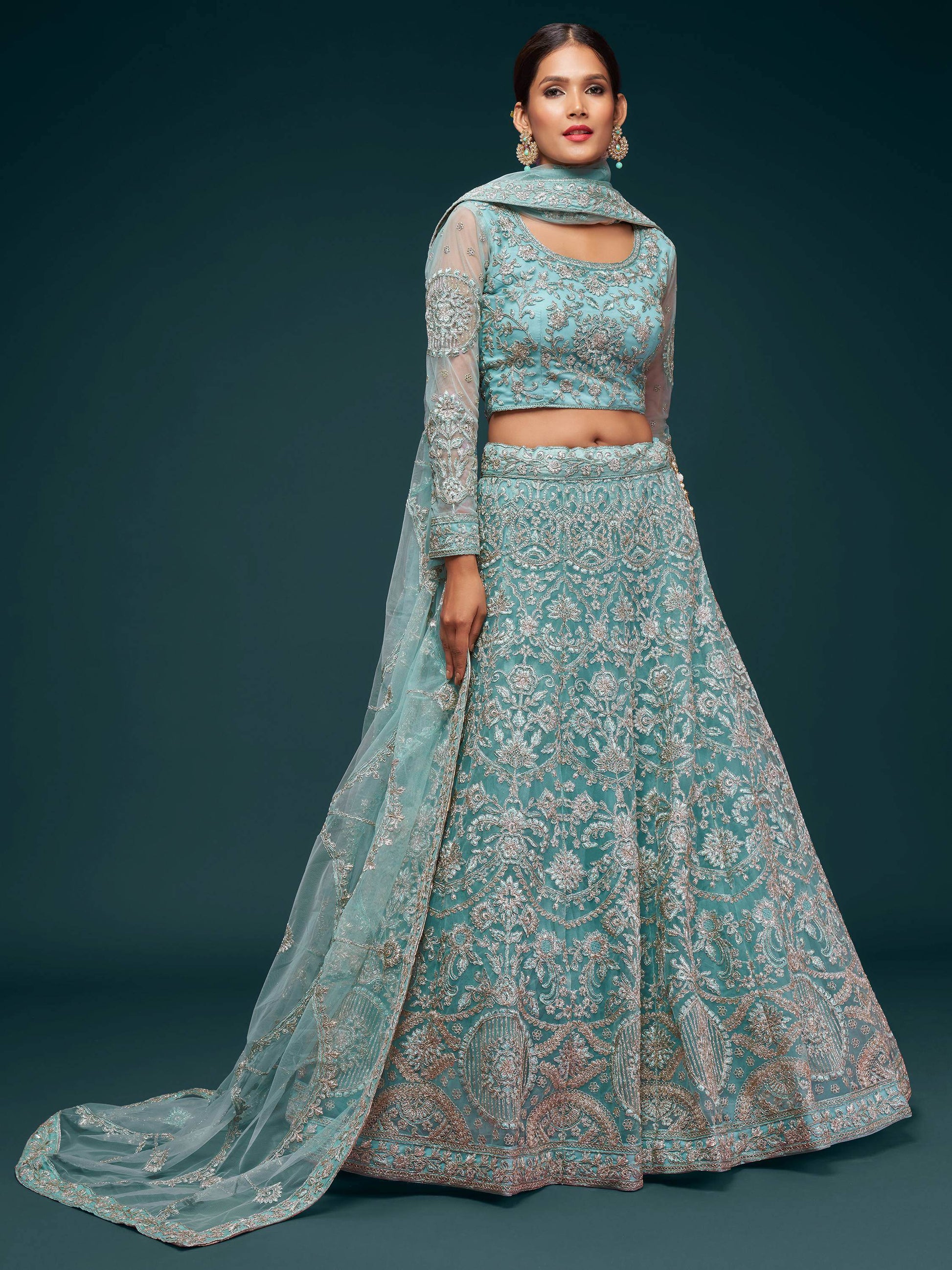 Beautiful Sea Blue Embroidered Soft Net Lehenga Choli With Dupatta - Zeel Clothing