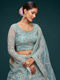 Beautiful Sea Blue Embroidered Soft Net Lehenga Choli With Dupatta - Zeel Clothing