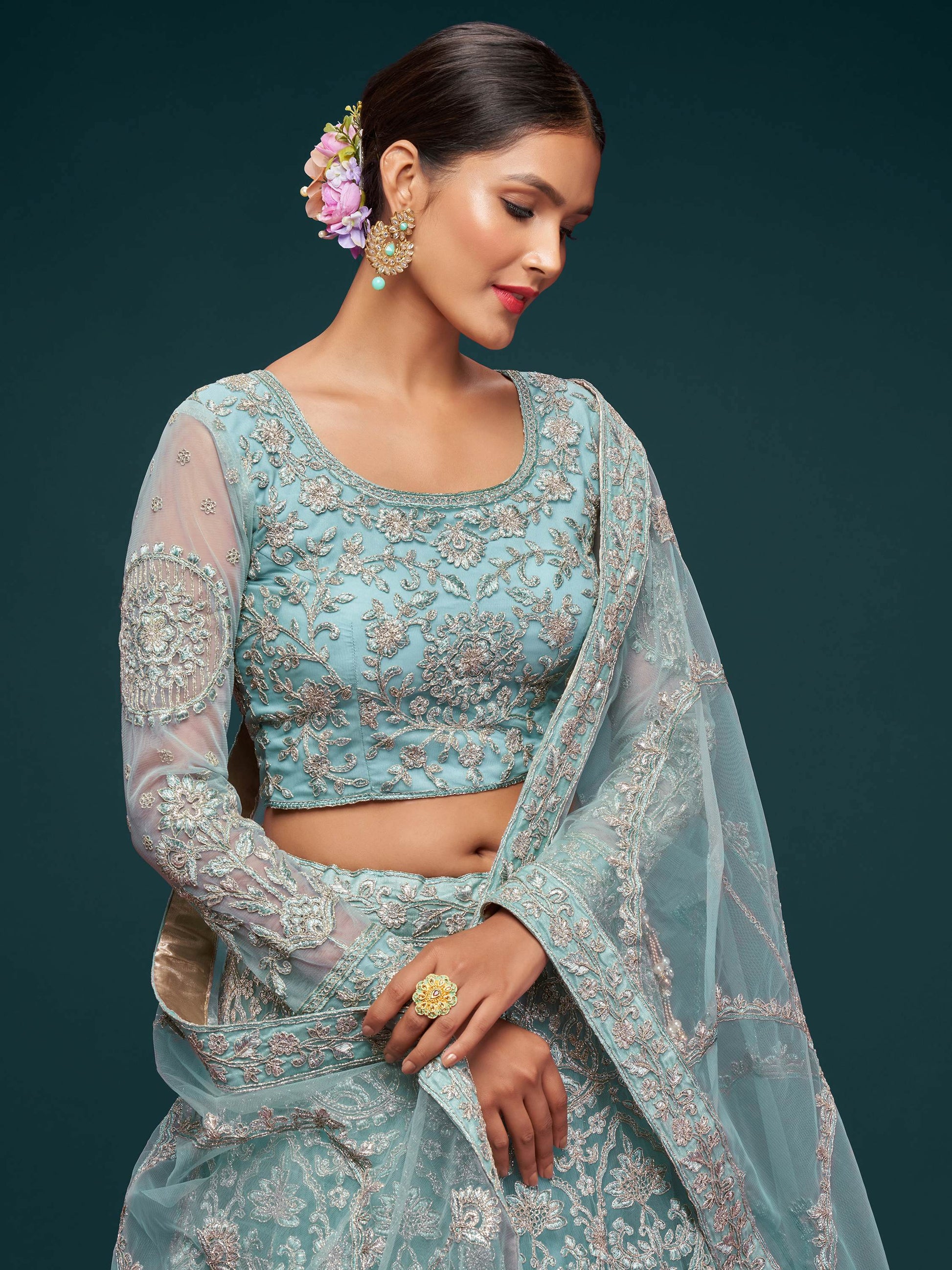 Beautiful Sea Blue Embroidered Soft Net Lehenga Choli With Dupatta - Zeel Clothing