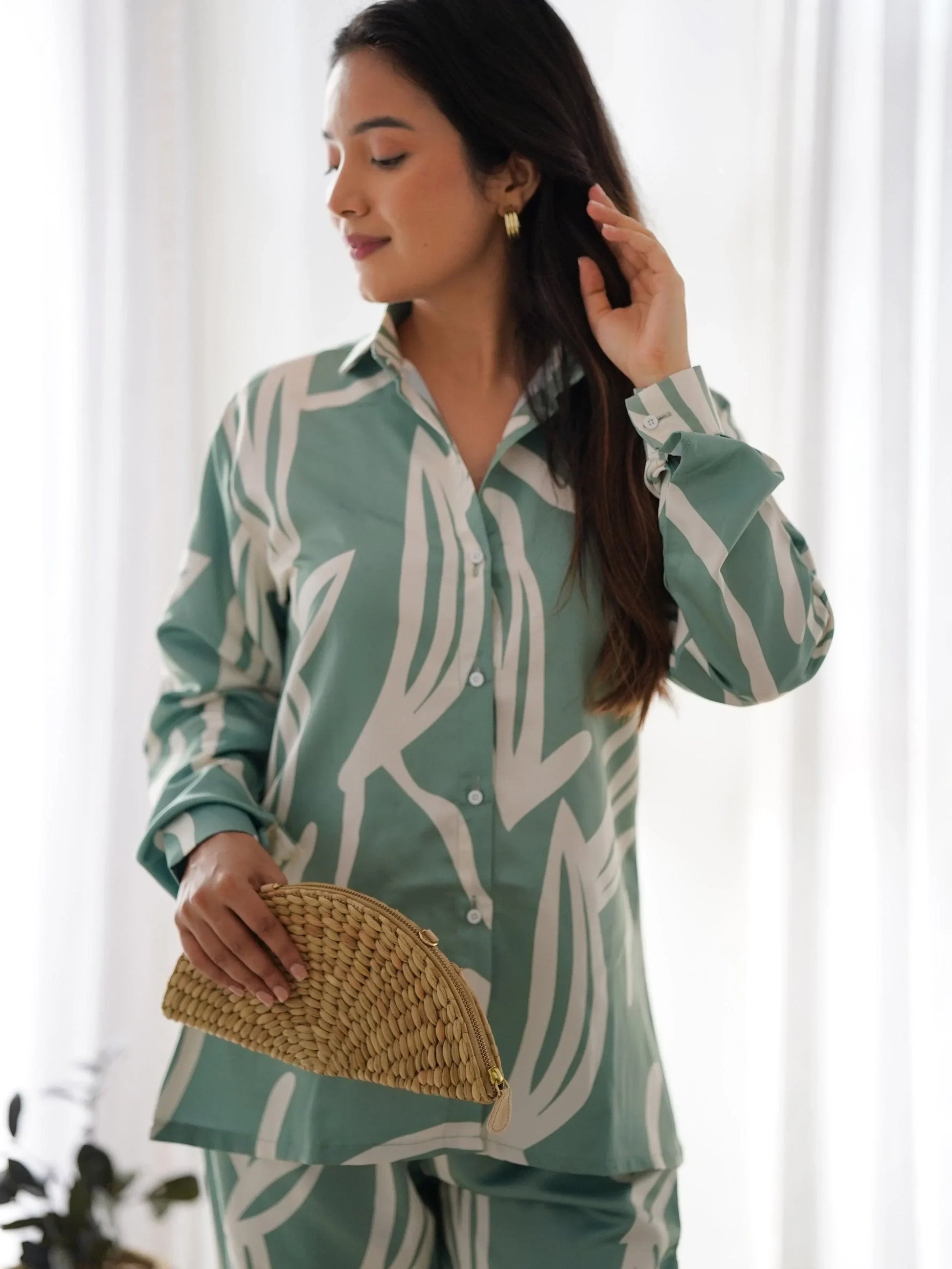 Beautiful Sea Green Digital Printed Satin Festival Wear Co-Ord Set