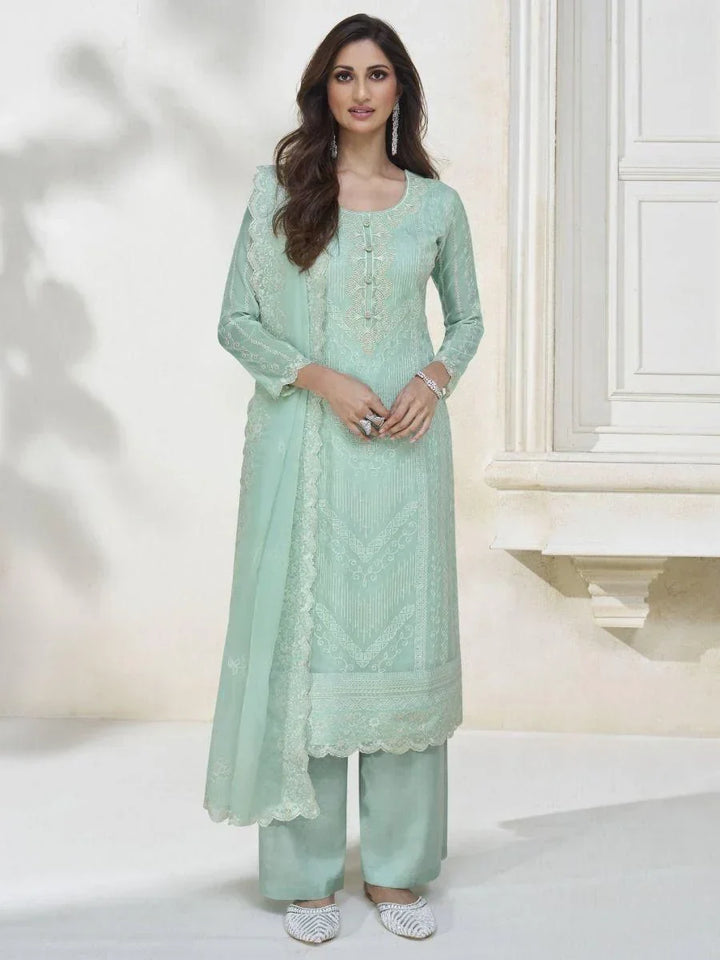 Beautiful Sea Green Embroidered Organza Event Wear Pant Suit