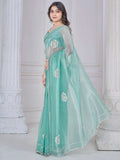 Beautiful Sea Green Jarkan Work Organza Party Wear Saree With Blouse - Zeel Clothing