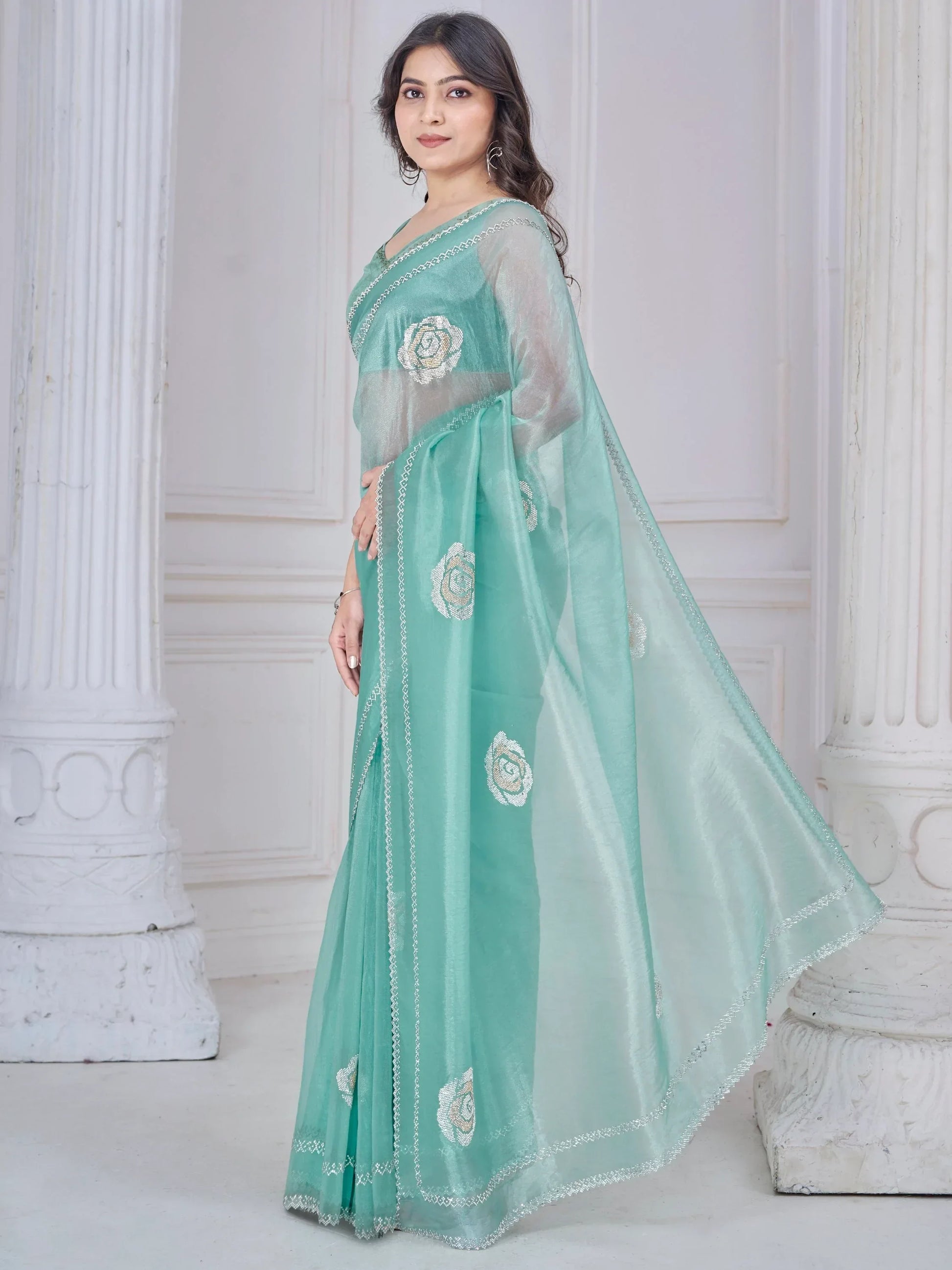 Beautiful Sea Green Jarkan Work Organza Party Wear Saree With Blouse - Zeel Clothing