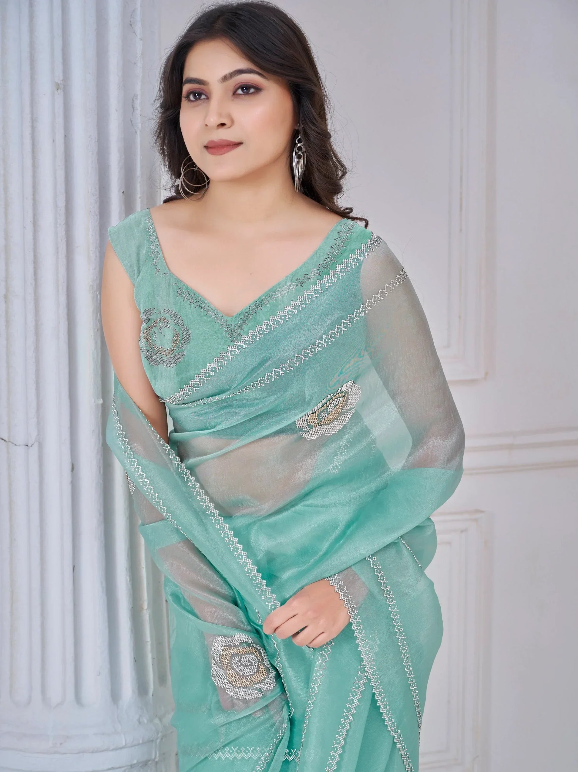Beautiful Sea Green Jarkan Work Organza Party Wear Saree With Blouse - Zeel Clothing