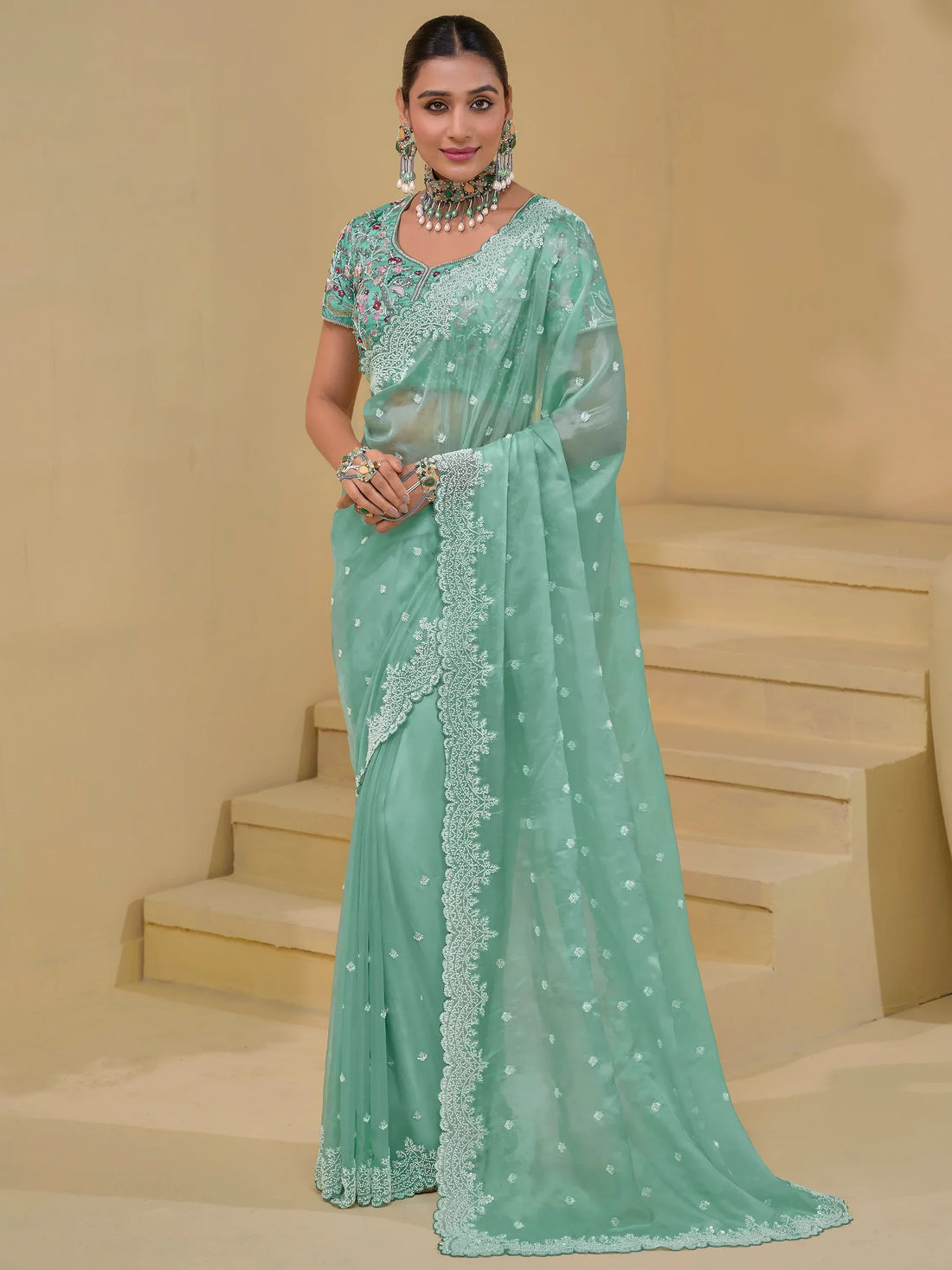 Beautiful Sea Green Sequins Organza Wedding Saree With Blouse - Zeel Clothing
