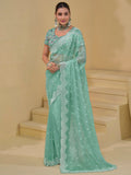 Beautiful Sea Green Sequins Organza Wedding Saree With Blouse - Zeel Clothing