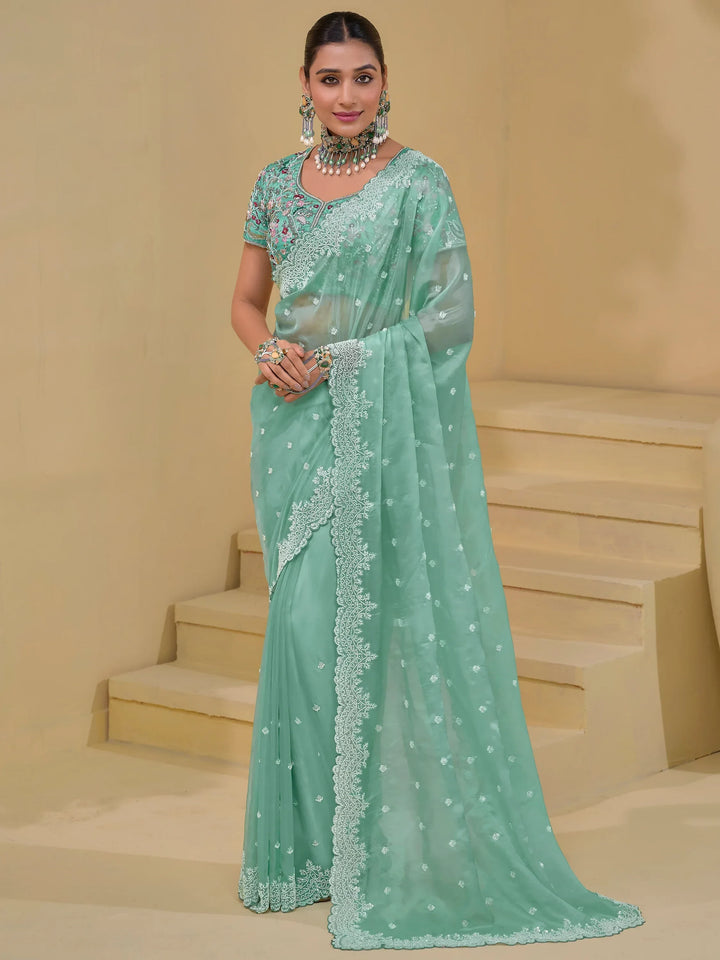 Beautiful Sea Green Sequins Organza Wedding Saree With Blouse - Zeel Clothing