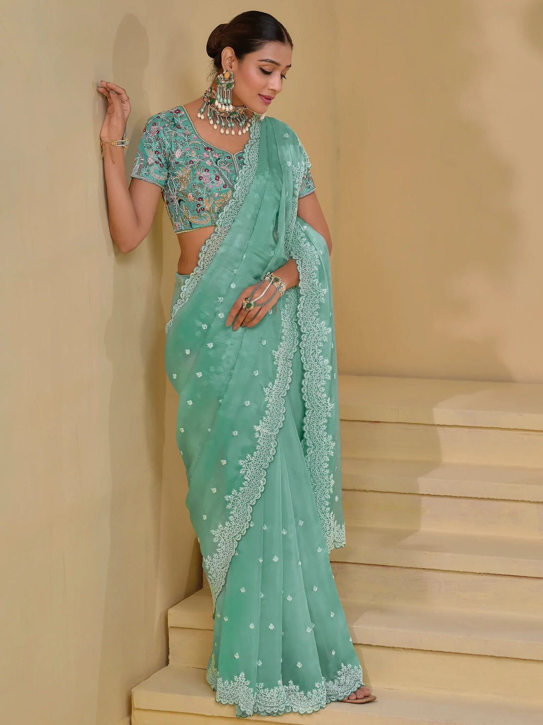 Beautiful Sea Green Sequins Organza Wedding Saree With Blouse - Zeel Clothing
