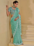 Beautiful Sea Green Sequins Organza Wedding Saree With Blouse - Zeel Clothing
