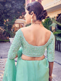 Beautiful Sea Green Thread Work Organza Party Wear Saree With Blouse - Zeel Clothing