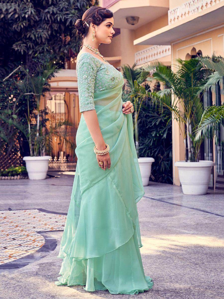Beautiful Sea Green Thread Work Organza Party Wear Saree With Blouse - Zeel Clothing