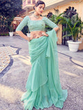 Beautiful Sea Green Thread Work Organza Party Wear Saree With Blouse - Zeel Clothing