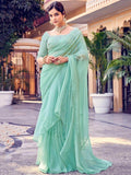 Beautiful Sea Green Thread Work Organza Party Wear Saree With Blouse - Zeel Clothing