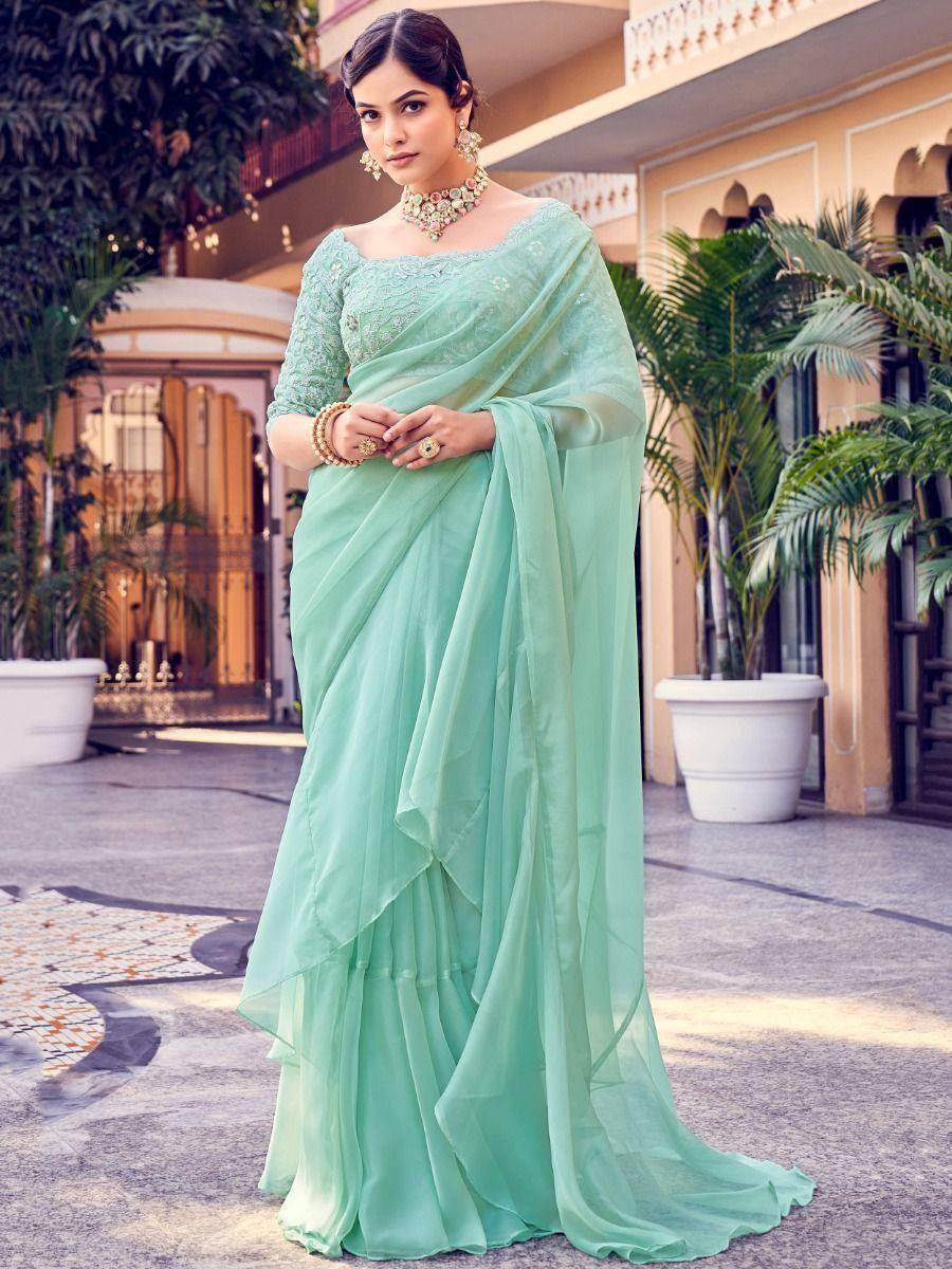 Beautiful Sea Green Thread Work Organza Party Wear Saree With Blouse - Zeel Clothing