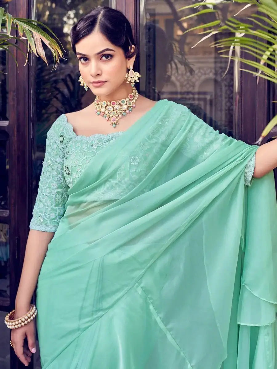 Beautiful Sea Green Thread Work Organza Party Wear Saree With Blouse - Zeel Clothing