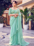 Beautiful Sea Green Thread Work Organza Party Wear Saree With Blouse - Zeel Clothing