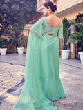 Beautiful Sea Green Thread Work Organza Party Wear Saree With Blouse - Zeel Clothing