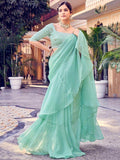 Beautiful Sea Green Thread Work Organza Party Wear Saree With Blouse - Zeel Clothing
