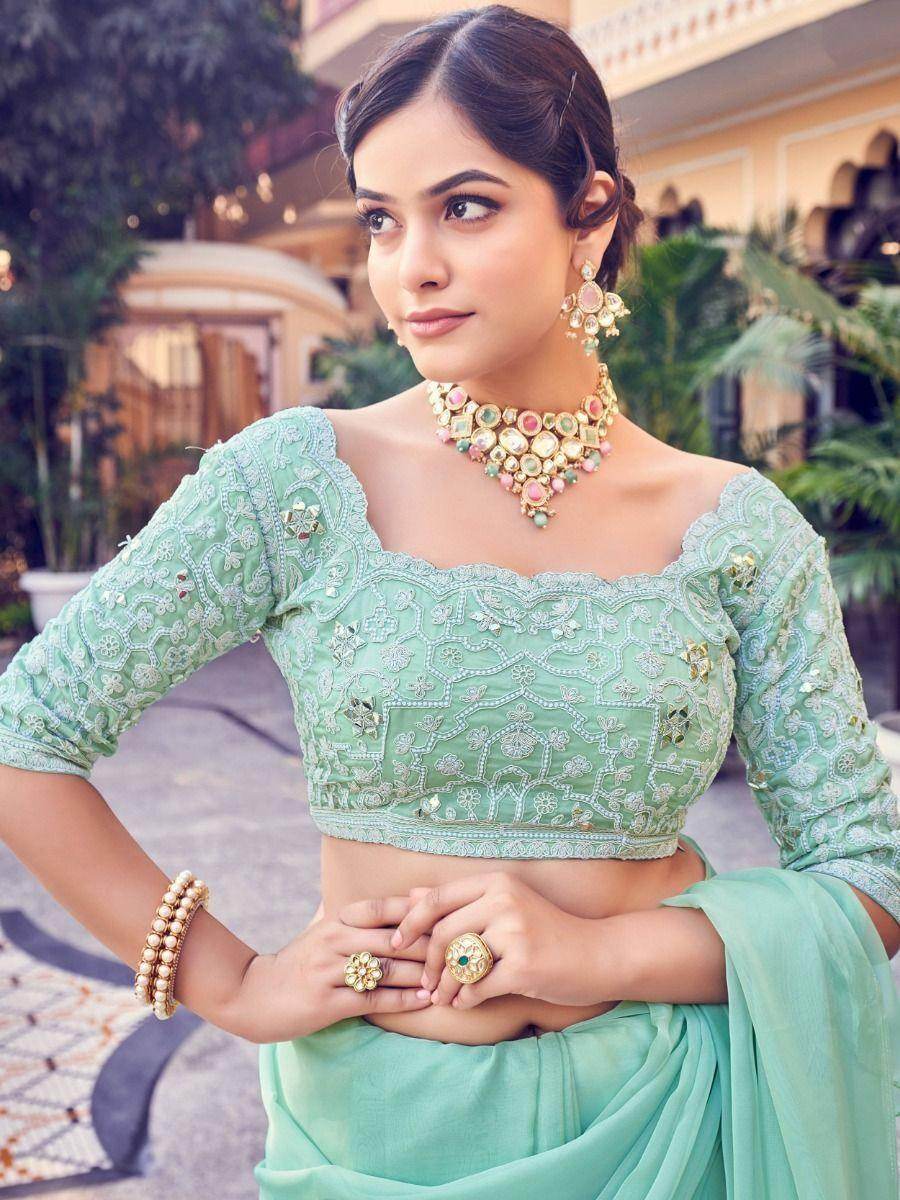 Beautiful Sea Green Thread Work Organza Party Wear Saree With Blouse - Zeel Clothing