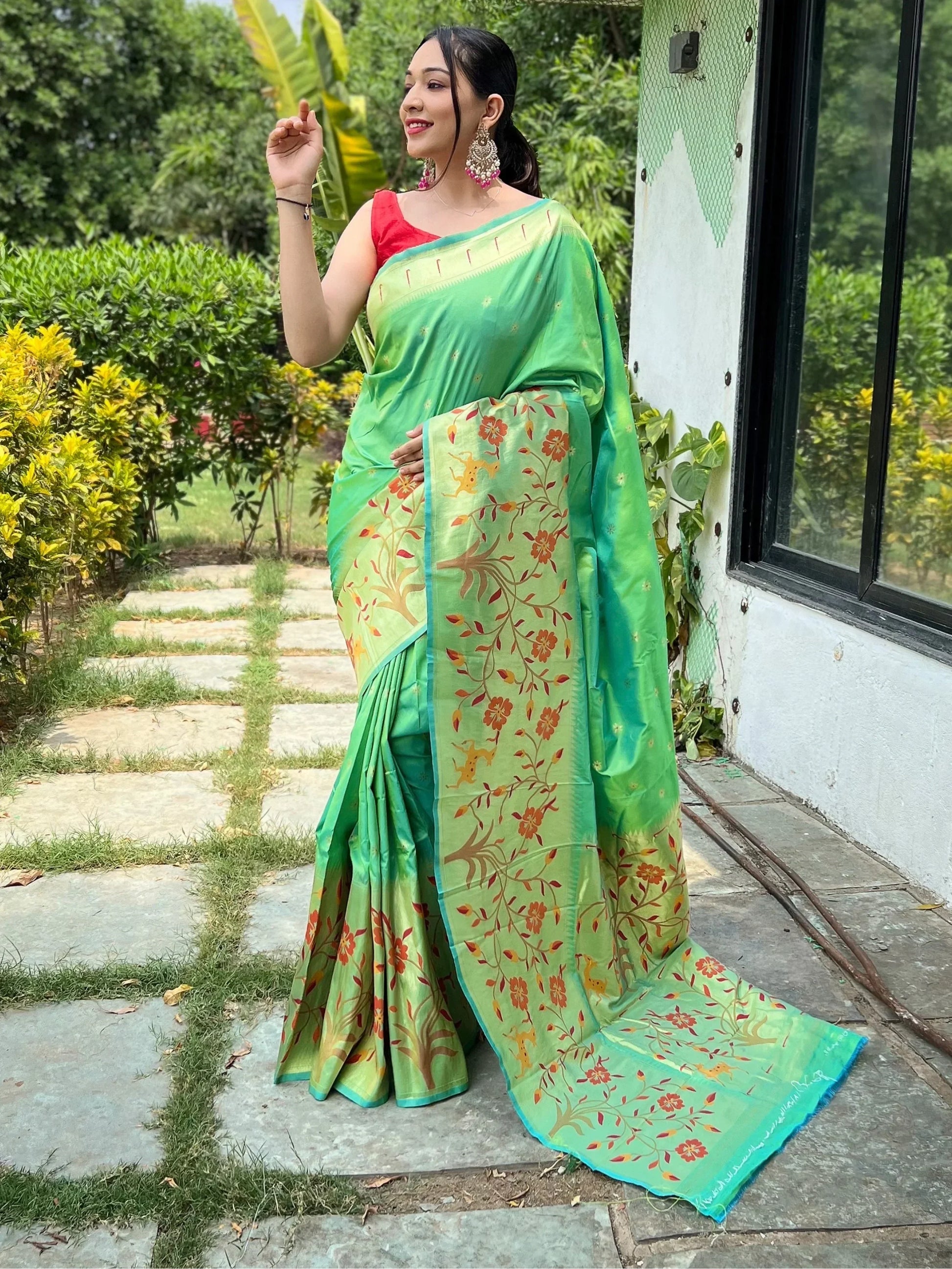 Beautiful Sea Green Woven Paithani Silk Event Wear Saree With Blouse - Zeel Clothing