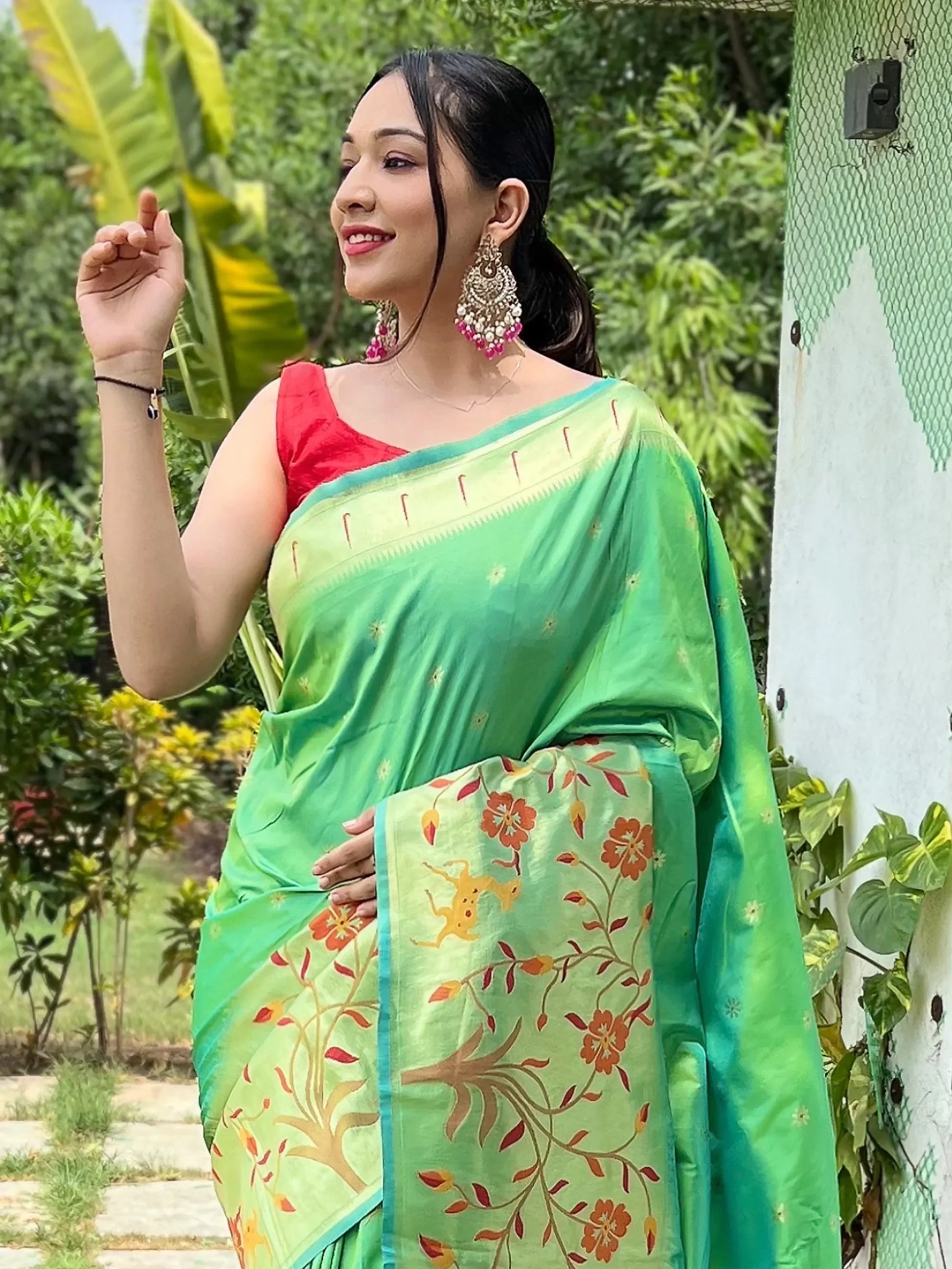 Beautiful Sea Green Woven Paithani Silk Event Wear Saree With Blouse - Zeel Clothing