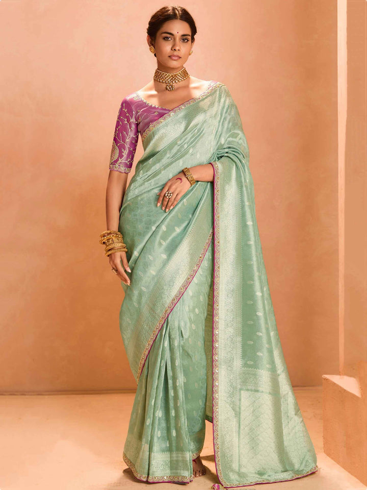 Beautiful Sea Green Zari Weaving Silk Engagement Wear Saree - Zeel Clothing