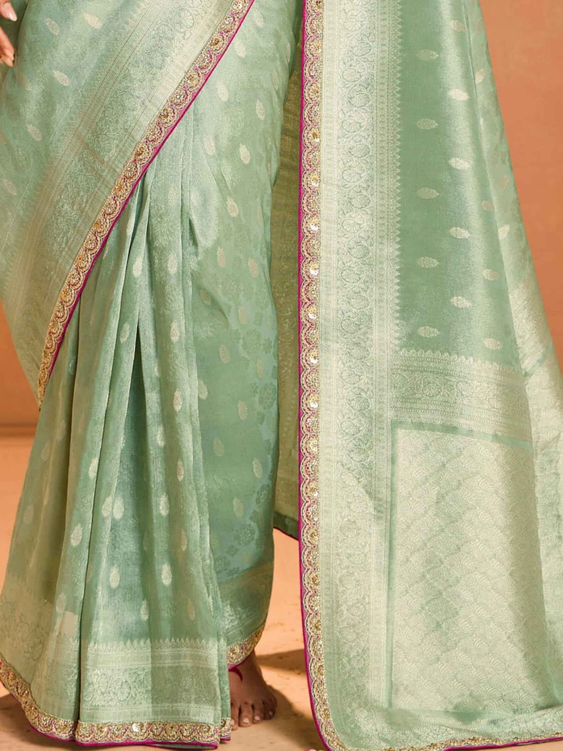 Beautiful Sea Green Zari Weaving Silk Engagement Wear Saree - Zeel Clothing