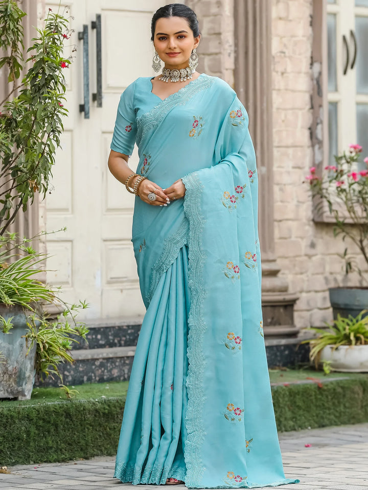 Beautiful Sky-Blue Embroidered Cotton Festival Wear Saree With Blouse - Zeel Clothing