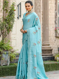 Beautiful Sky-Blue Embroidered Cotton Festival Wear Saree With Blouse - Zeel Clothing