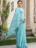 Beautiful Sky-Blue Embroidered Cotton Festival Wear Saree With Blouse - Zeel Clothing