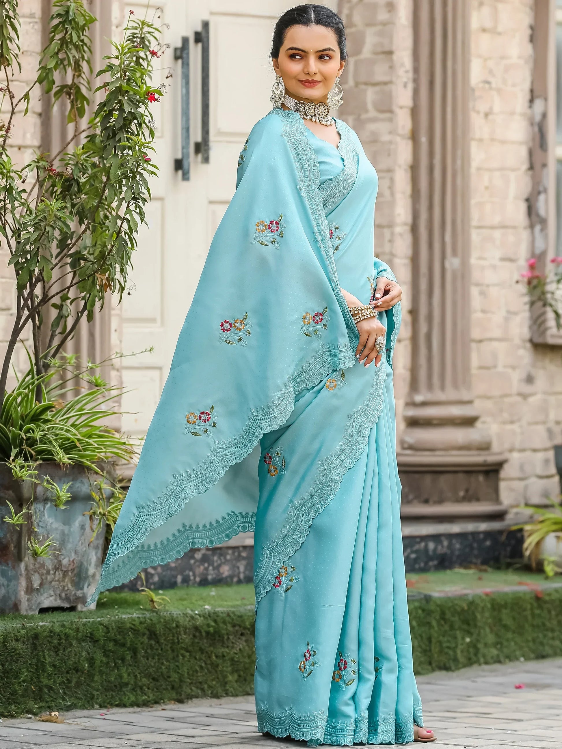 Beautiful Sky-Blue Embroidered Cotton Festival Wear Saree With Blouse - Zeel Clothing