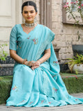 Beautiful Sky-Blue Embroidered Cotton Festival Wear Saree With Blouse - Zeel Clothing