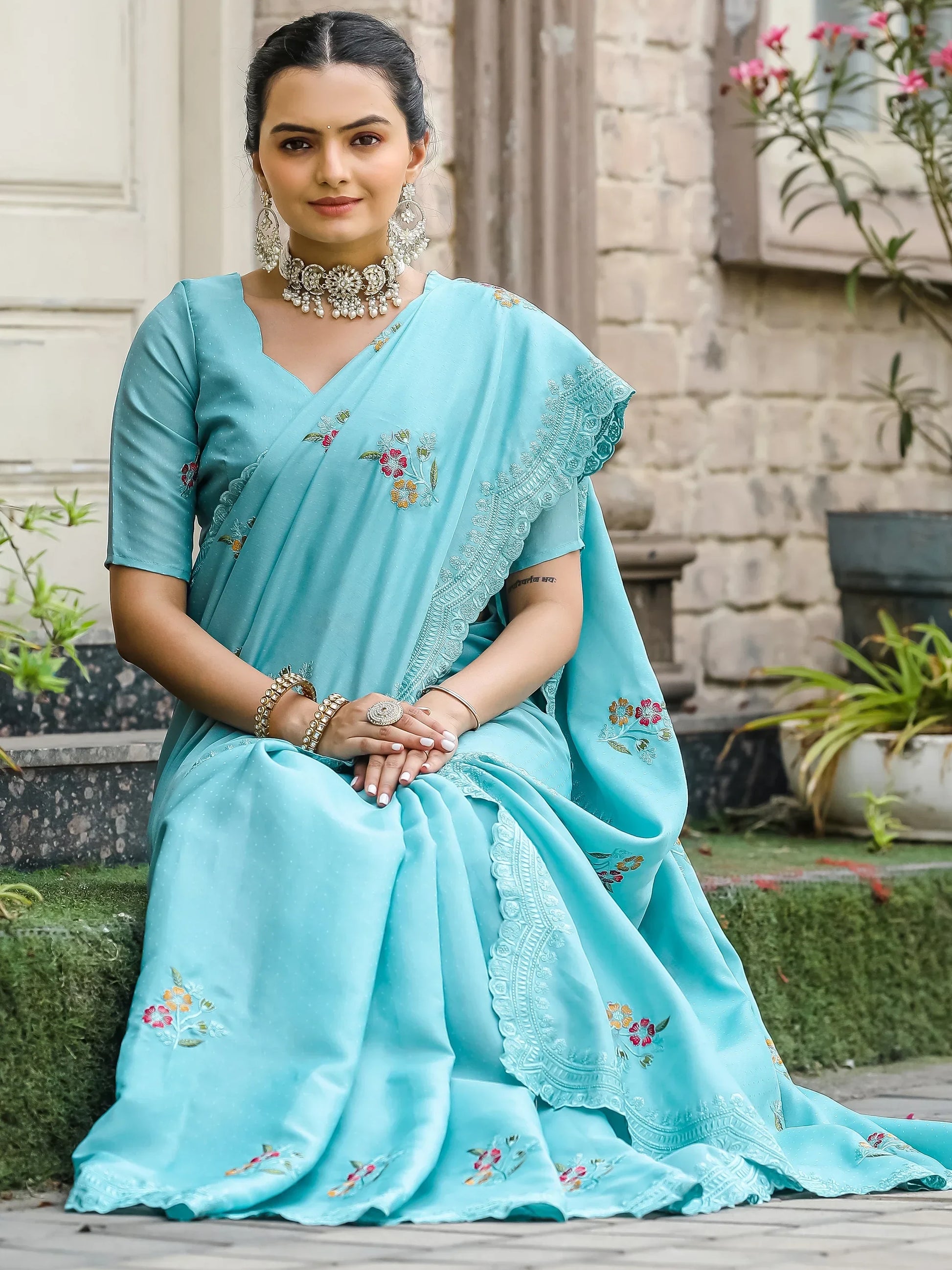 Beautiful Sky-Blue Embroidered Cotton Festival Wear Saree With Blouse - Zeel Clothing