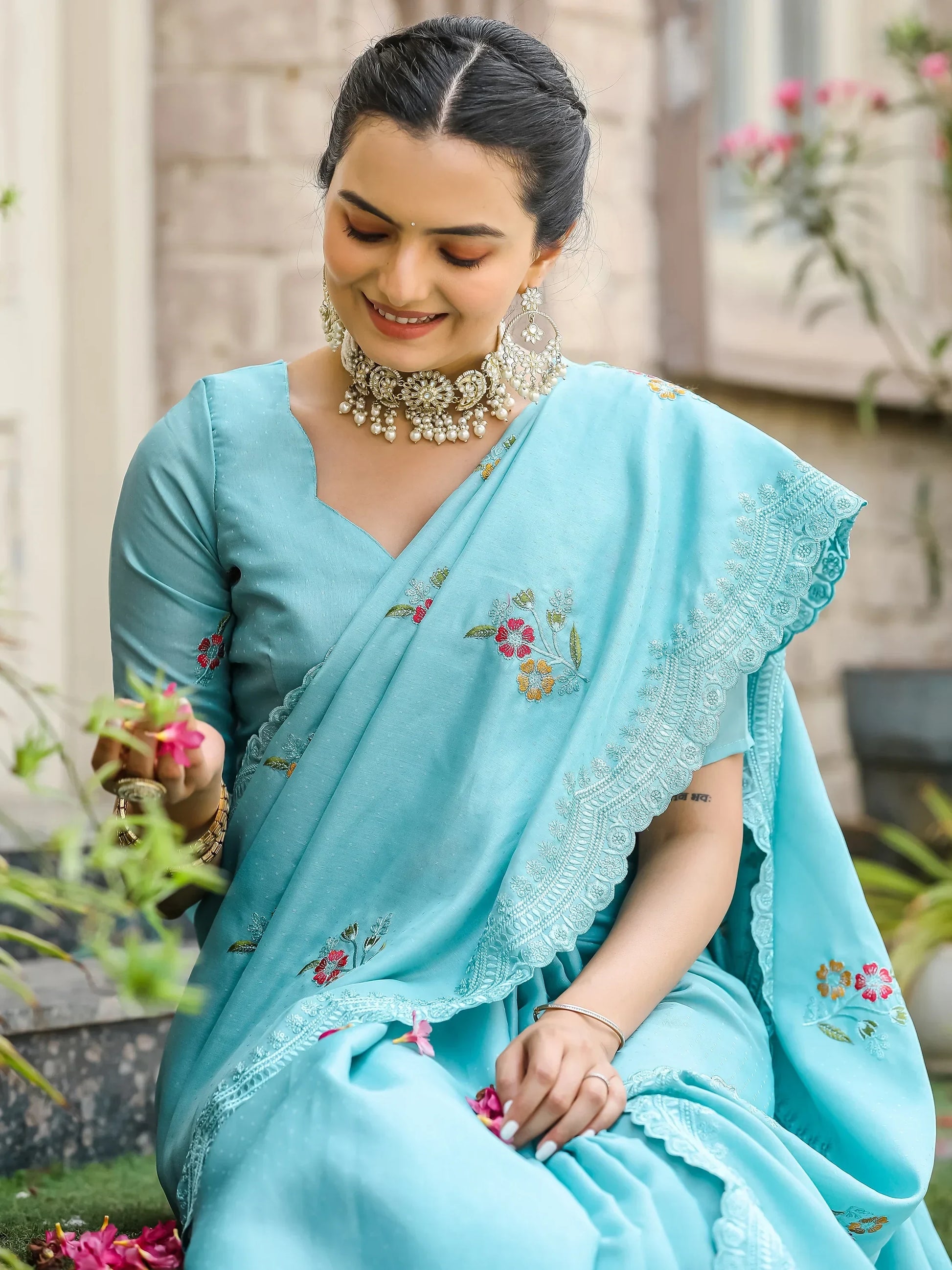 Beautiful Sky-Blue Embroidered Cotton Festival Wear Saree With Blouse - Zeel Clothing